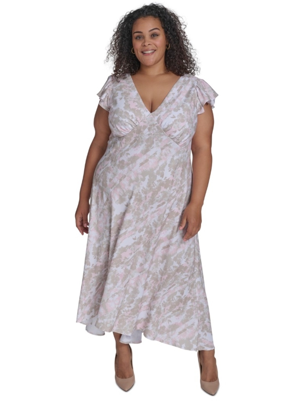 Calvin Klein Plus Size Printed Flutter-Sleeve Maxi Dress Stony Beige NWT